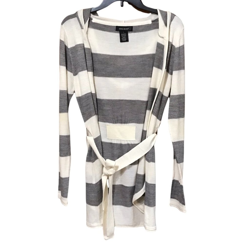 Level Eight Women Hooded Cardigan, Belted, Open Front, Creamy White and Silver